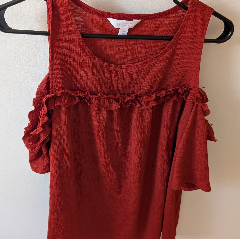 Lauren Conrad cold shoulder sheer blouse. Size medium. Burnt orange color - Picture 6 of 10